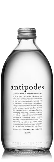 Antipodes 500 ml sparkling water glass bottle. 1 carton = 24 bottles
Gently carbonated to create the finest bead, Antipodes sparkling water has taken the crown at many international award shows.
Of exceptional purity, it is the world’s first carbon zero certified water, acknowledged by the United Nations for its environmental responsibility.
New Zealand's finest water