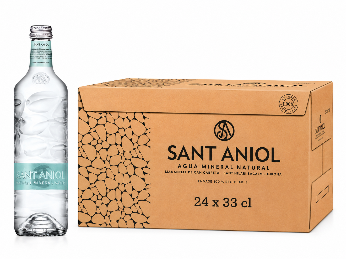 Bottle of Sant Aniol mineral water next to a box of 24 bottles 330ml