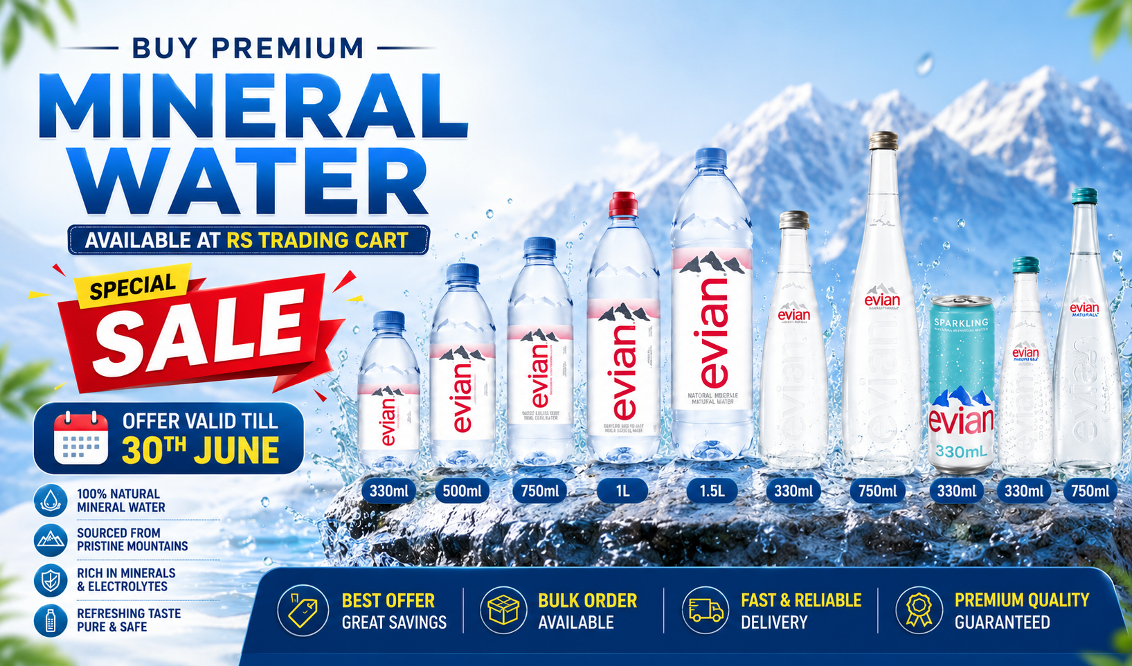 Evian mineral water bottles with promotional offer at 50% off at rs trading cart in uae,dubai at best price
